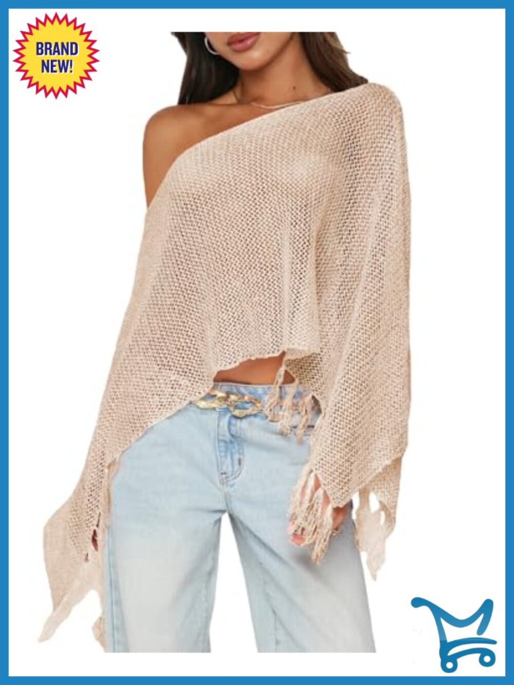 Sheer Viscose Knit Fringe Poncho Wrap Asymmetric Boat Neck Lightweight